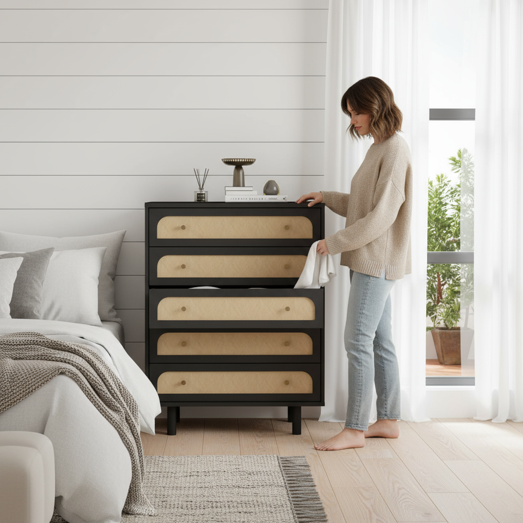 Black and Oak Chest with Person Opening Drawer