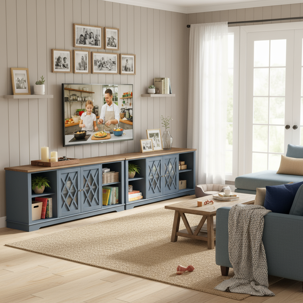 Blue-gray TV unit in casual family room