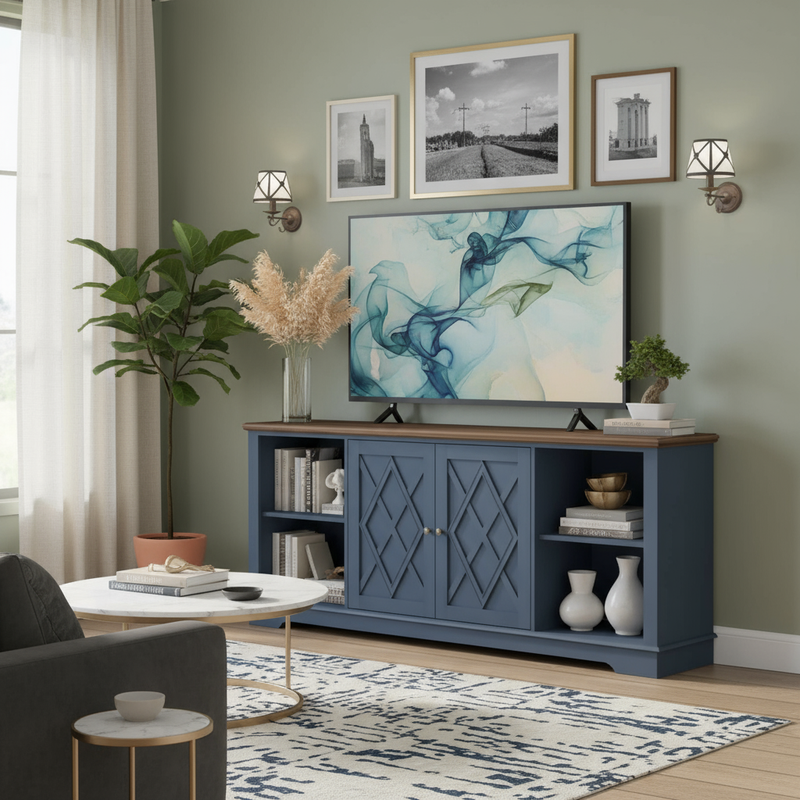 Blue-gray TV unit in elegant setting