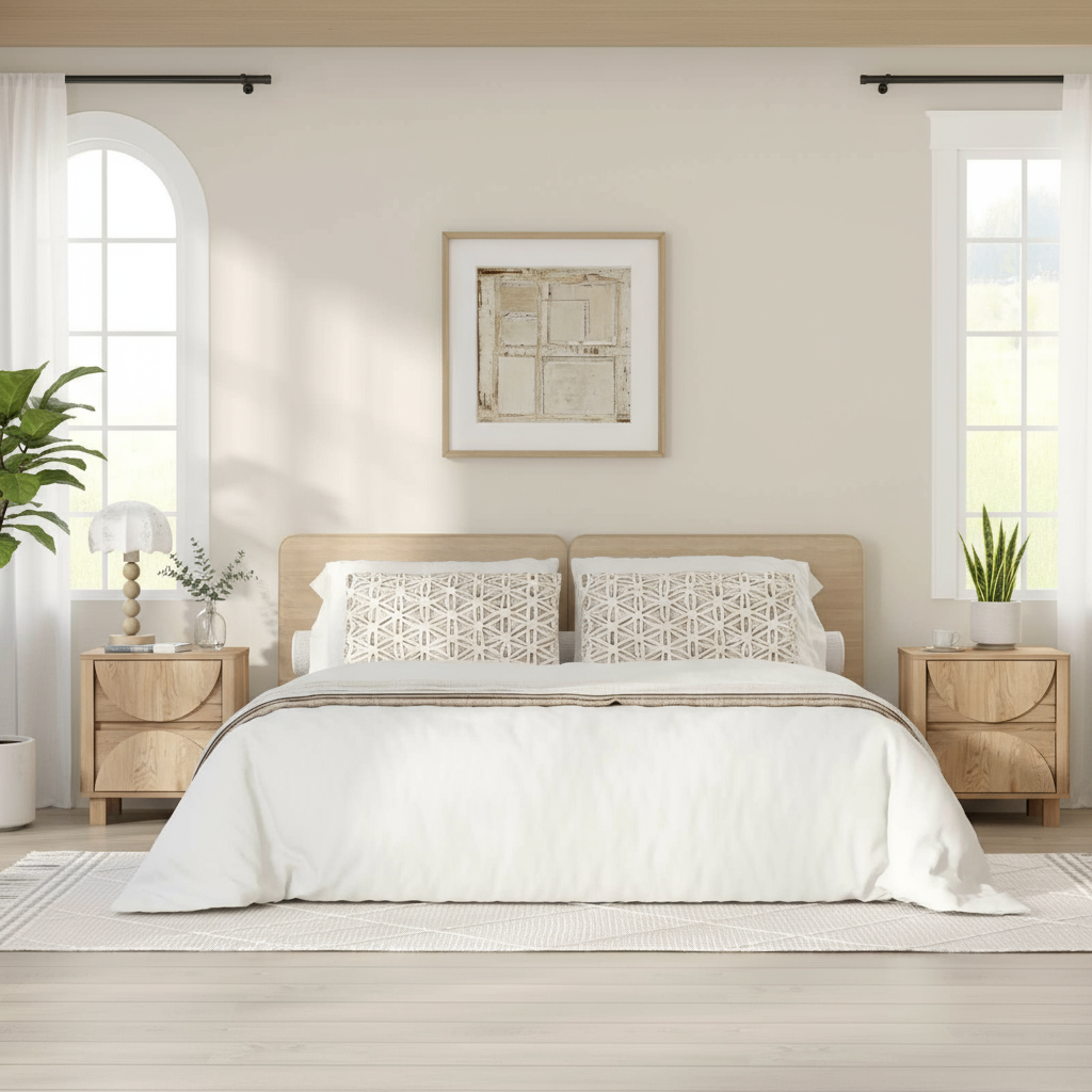 Bright bedroom with two Eden Arched Bedside Tables