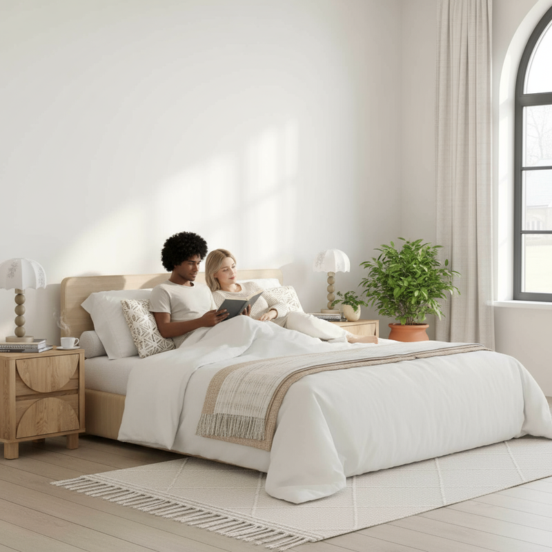 Bright bedroom with two people and Eden Arched Bedside Tables