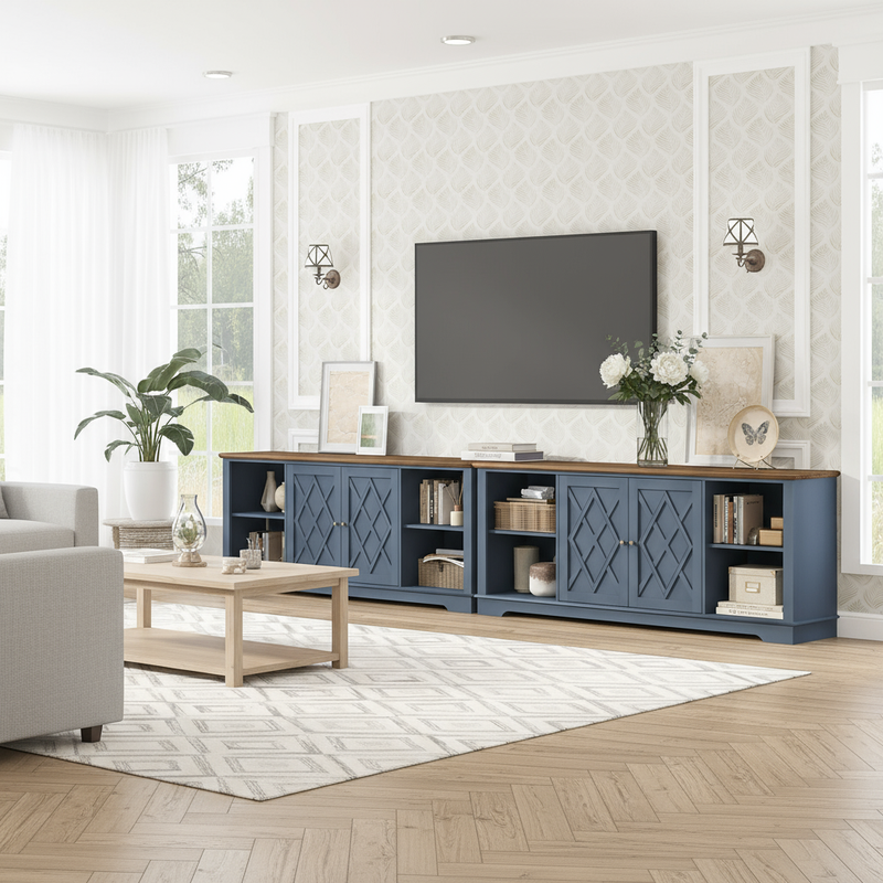 Bright blue-gray TV unit in light airy setting