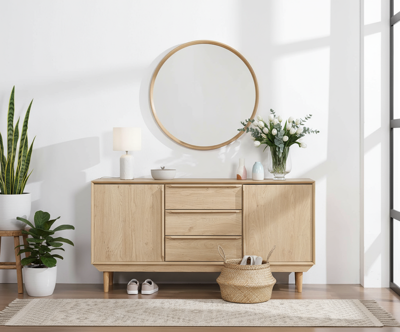 Bright entryway with oak sideboard