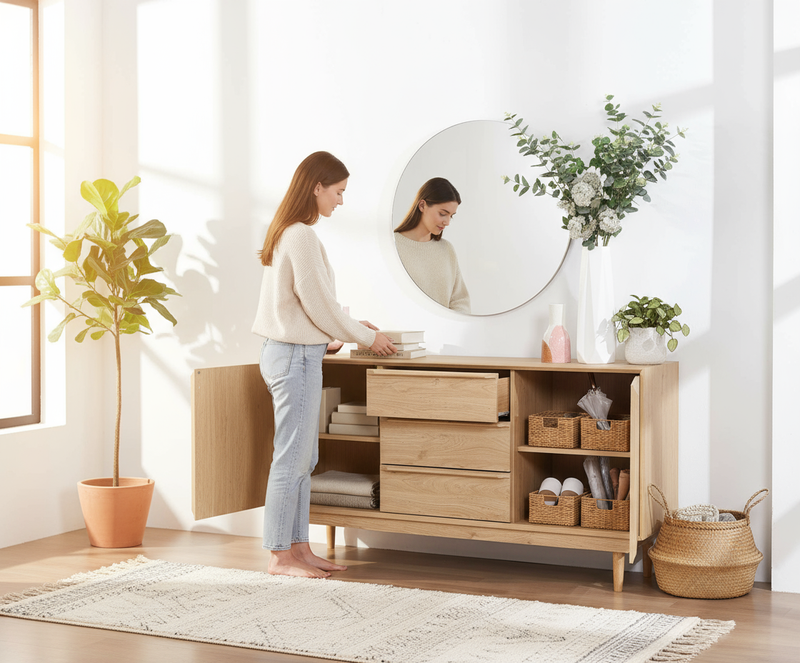 Bright entryway with person and open sideboard