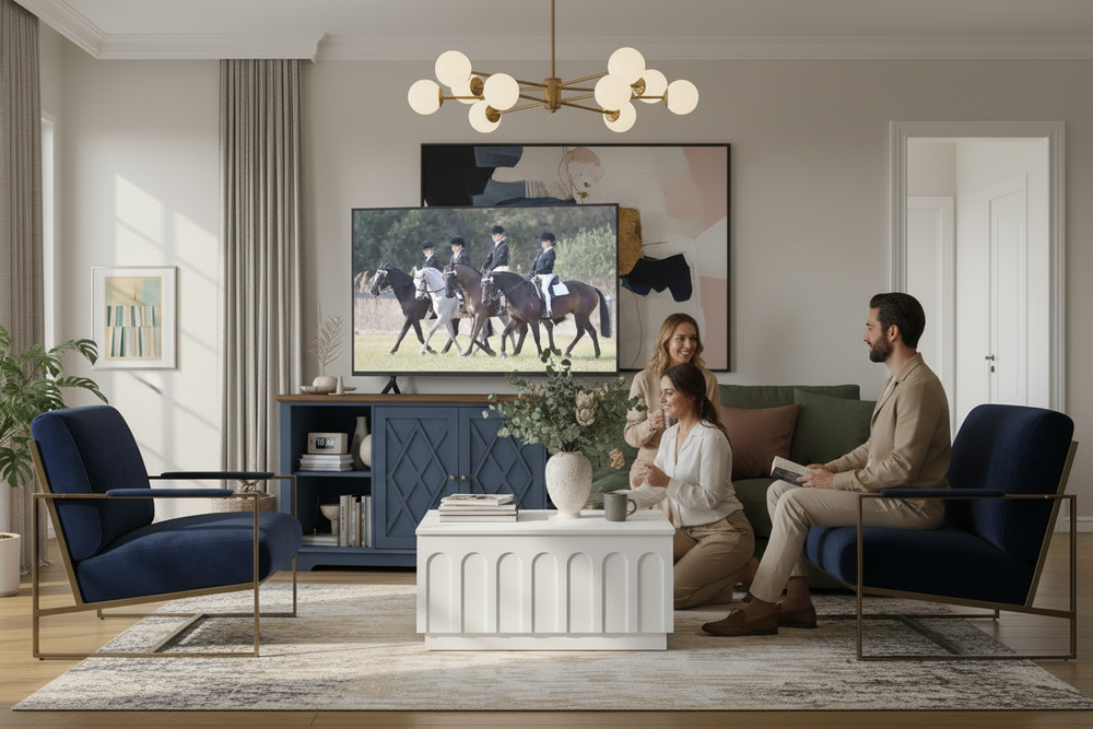 Brook Nautica Blue TV Unit with Opera White Coffee Table - Lifestyle with People