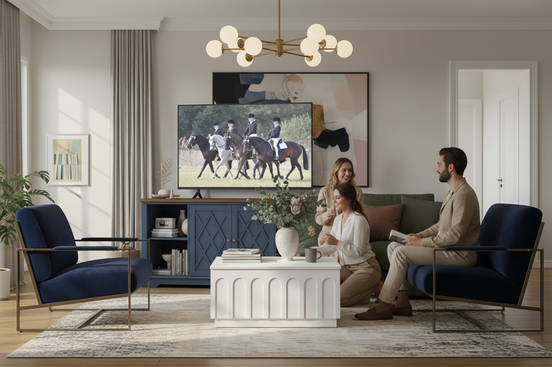 Brook Nautica Blue TV Unit with Opera White Coffee Table - Lifestyle with People