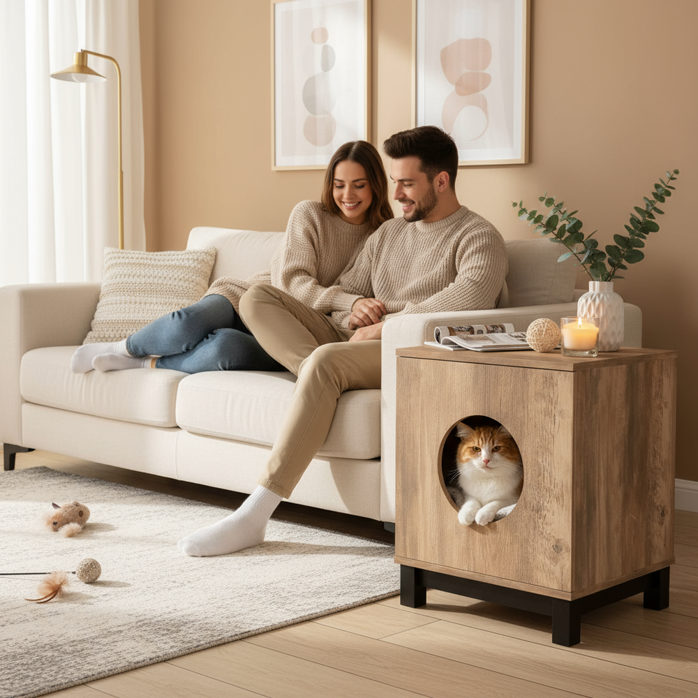 Cat house with cat and people in living room