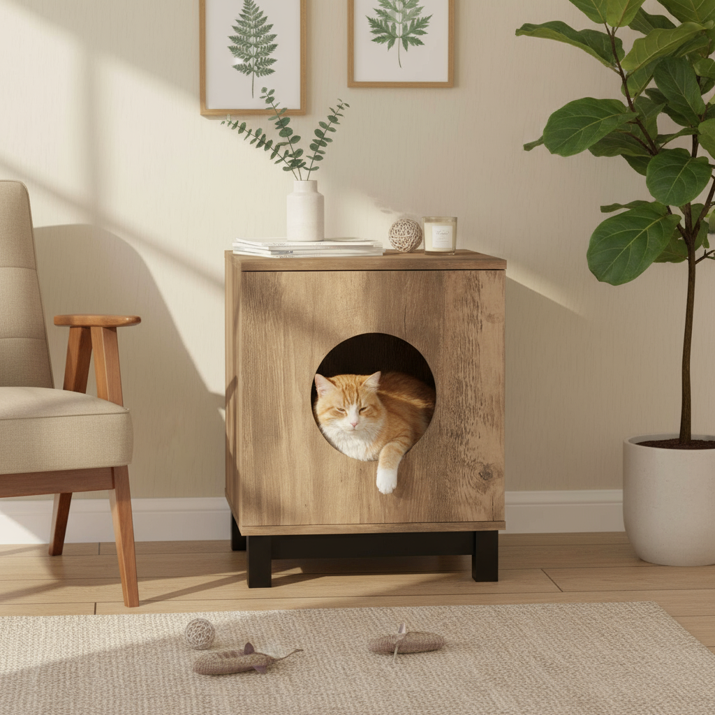 Cat house with cat in elegant setting