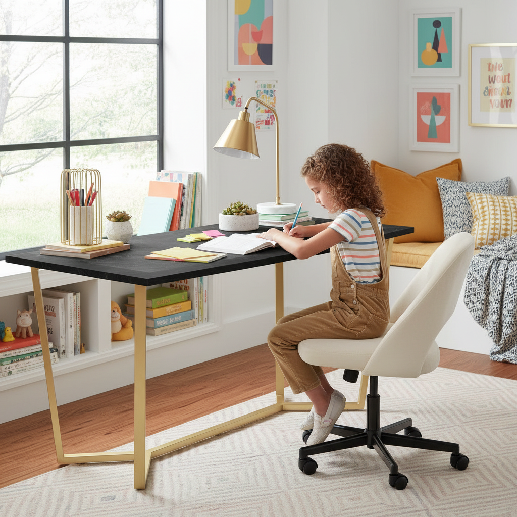 Child studying at black marble desk in kids room