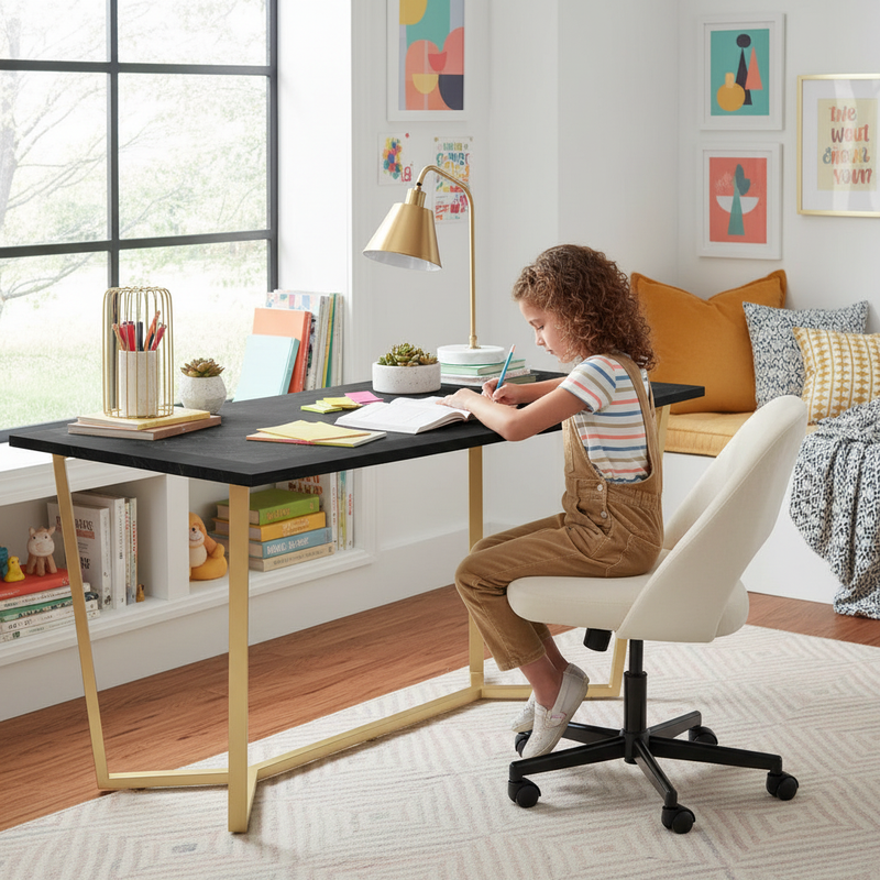 Child studying at black marble desk in kids room