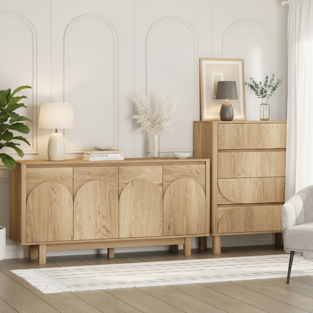 Clean lifestyle setting with oak sideboard and dresser