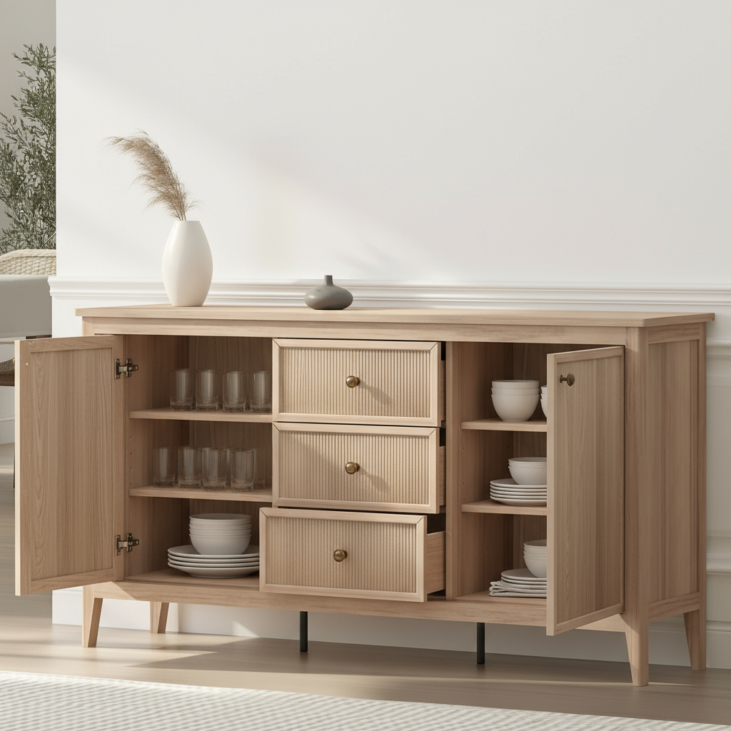 Clean minimalist sideboard with open doors