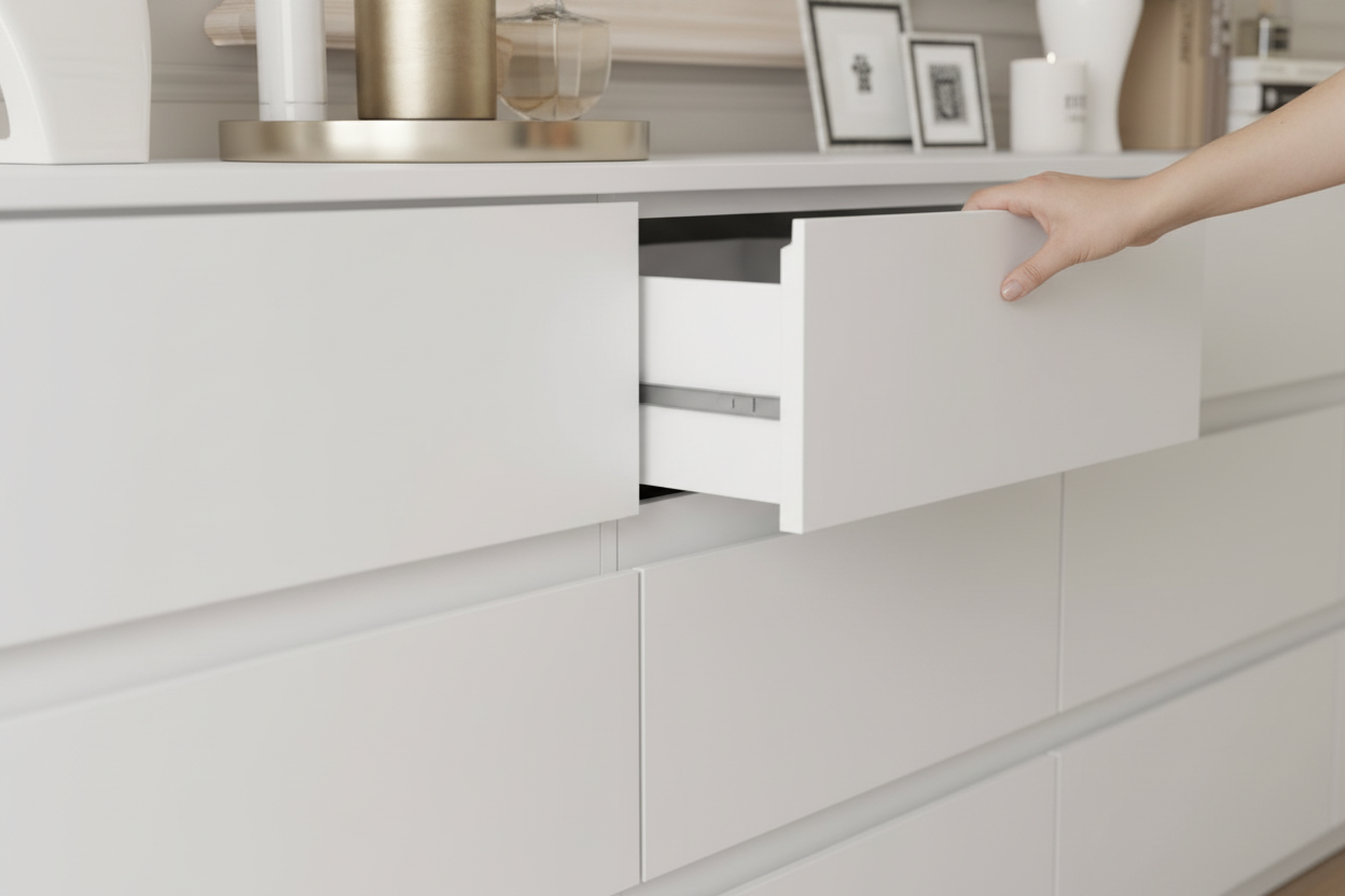 Close-up detail of handleless 12-drawer dresser