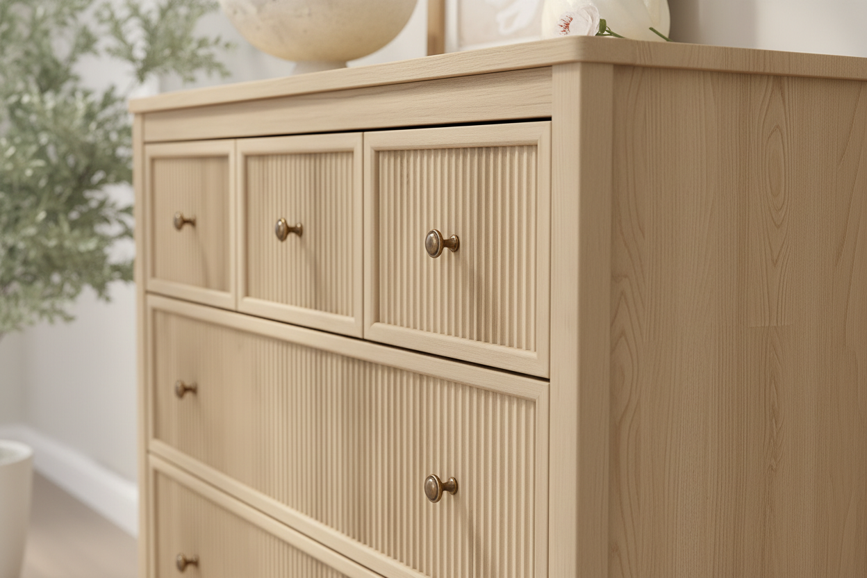 Close-up detail of oak dresser from side angle