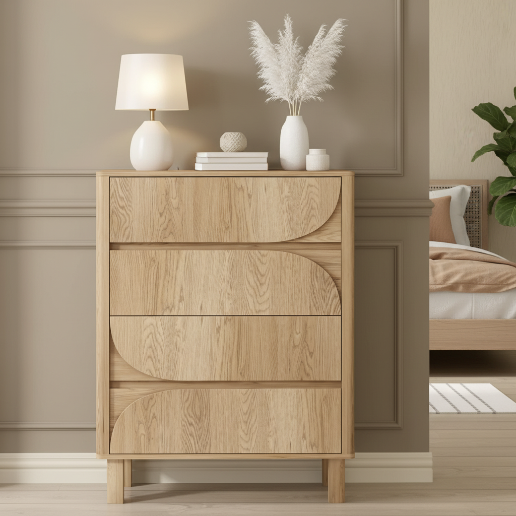 Close-up front view of oak dresser