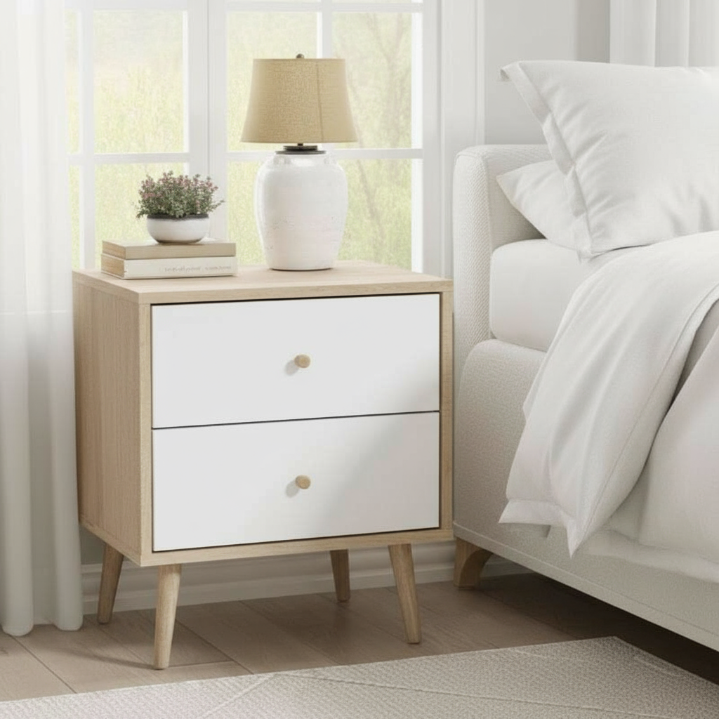 Close-up hero shot of nightstand at corner of bed