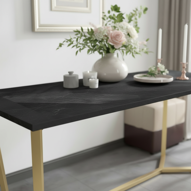 Close-up of black marble table features