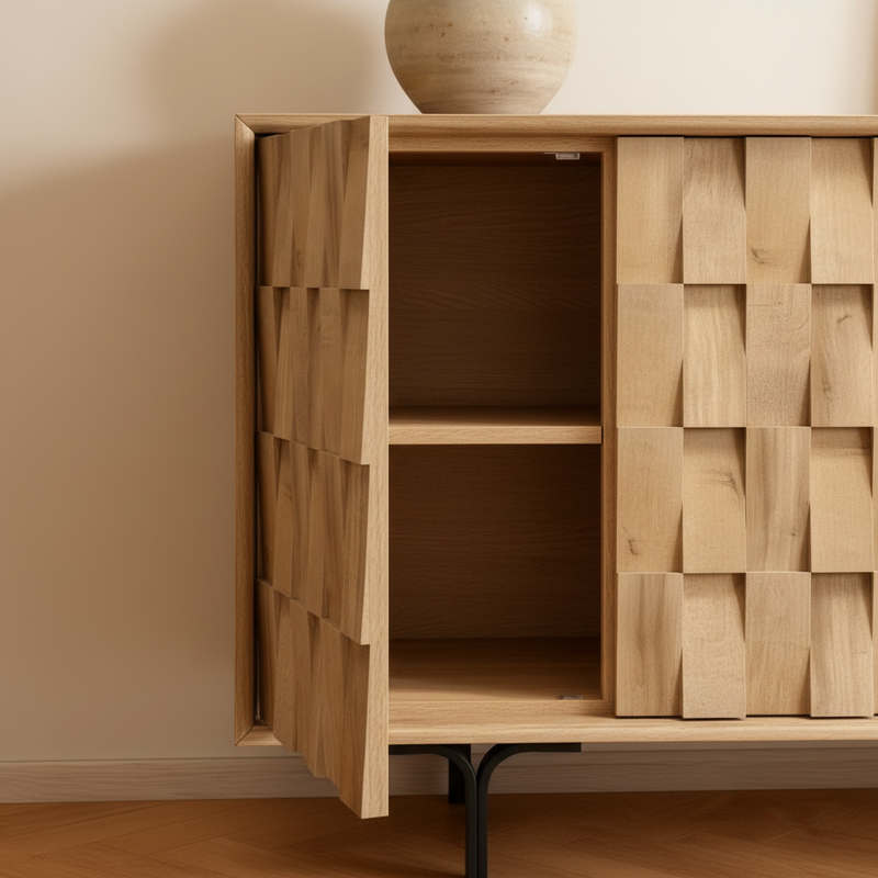 Close-up of door open showing interior storage space