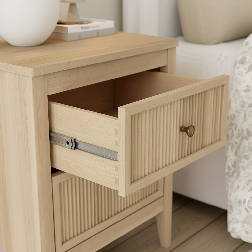 Close-up of drawer pulled open showing interior construction