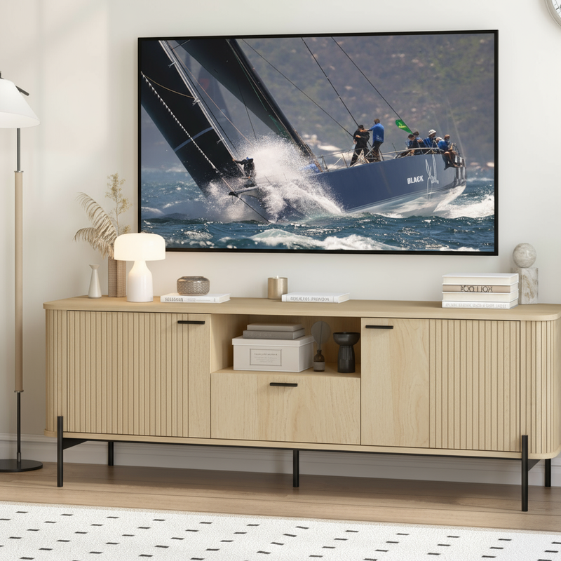 Close-up of oak TV unit