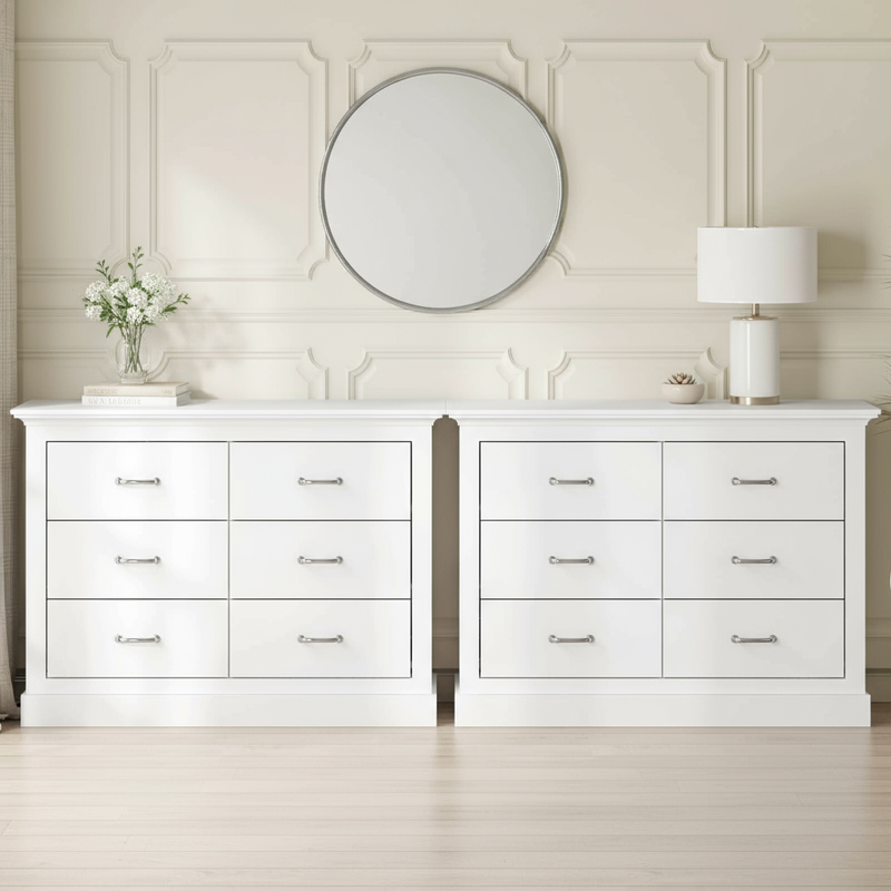 Close-up of two dressers with minimal styling and mirror