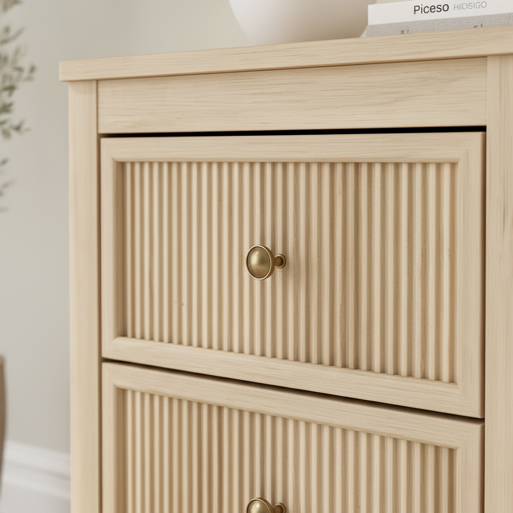 Close-up of vertical ribbed drawer panel and brass ring pull