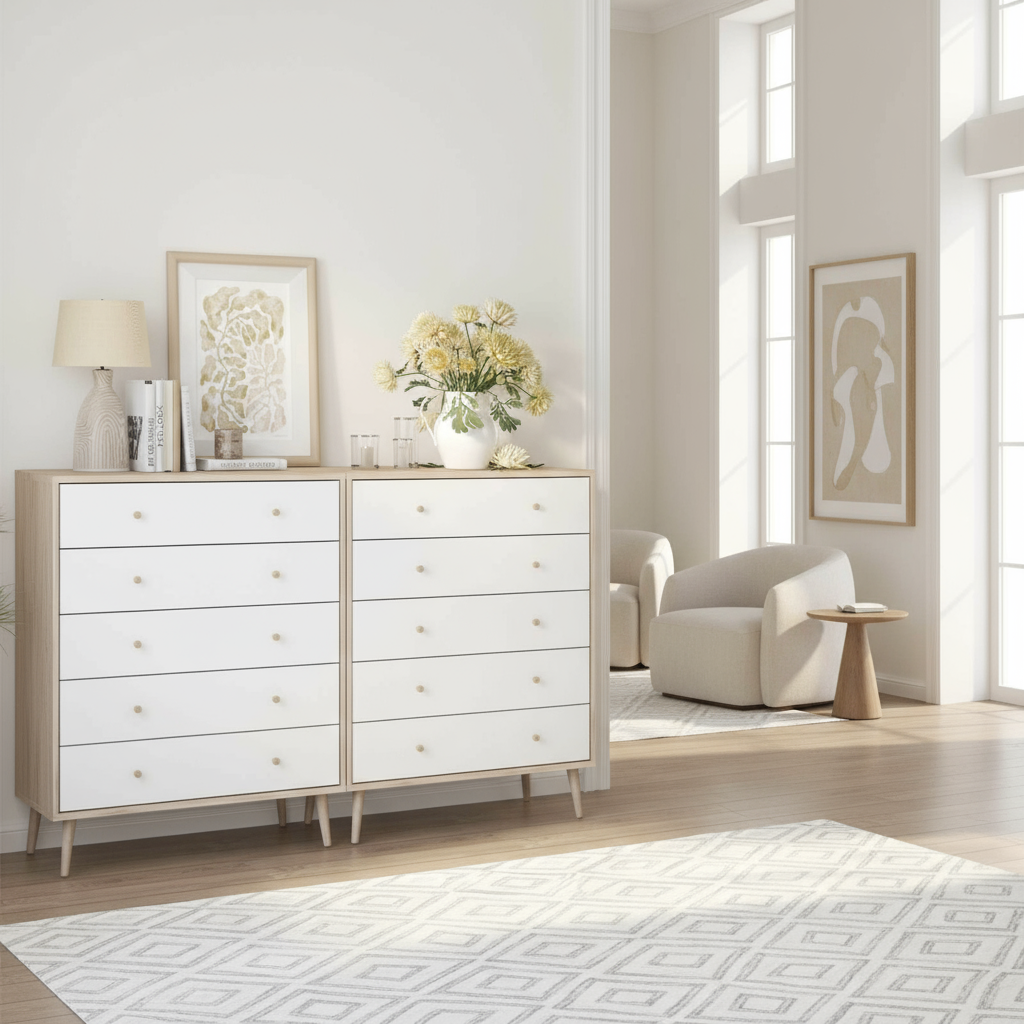 Closer shot of white dressers in elegant space