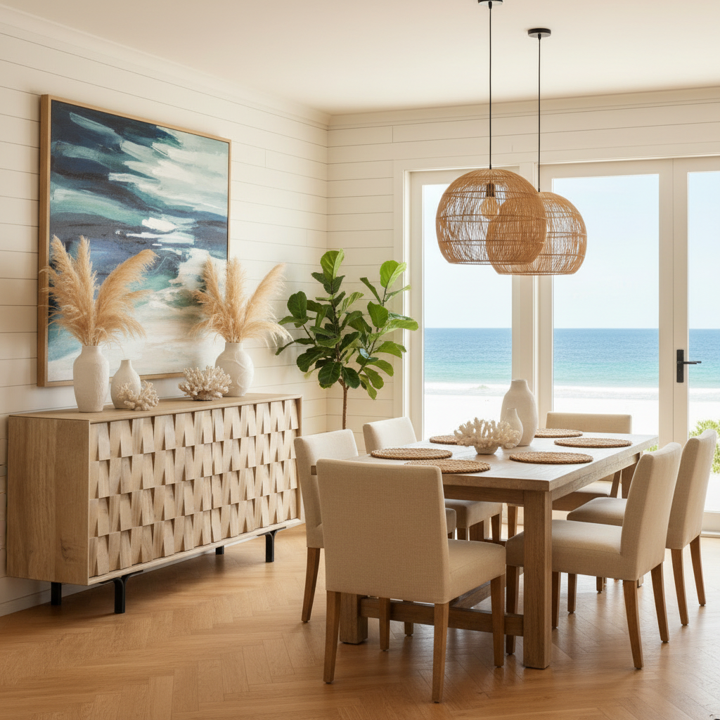 Coastal-inspired dining room with 3D textured buffet sideboard