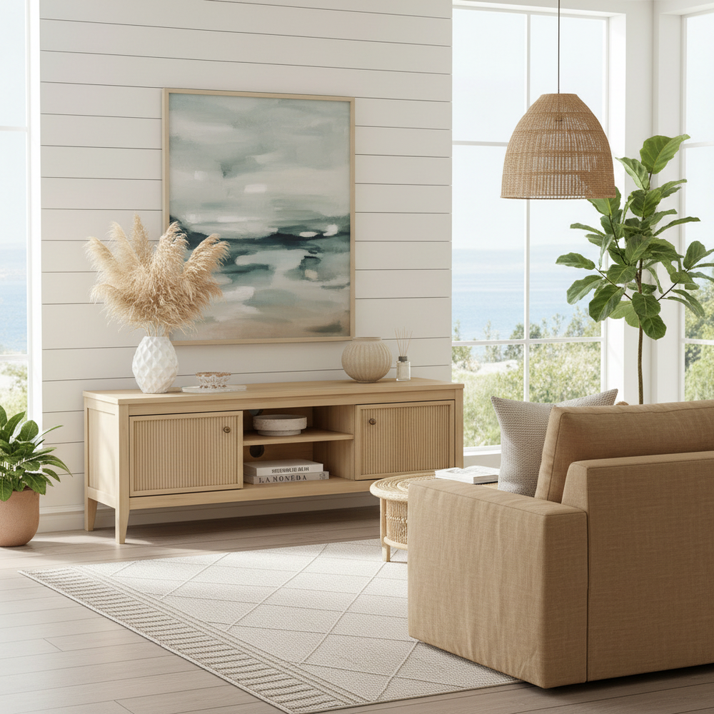 Coastal-inspired living room with ribbed TV unit