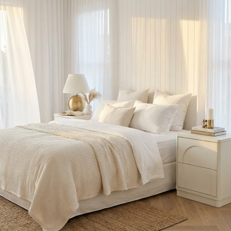 Neatly made bed in a bright bedroom with white bedding and wooden flooring.
