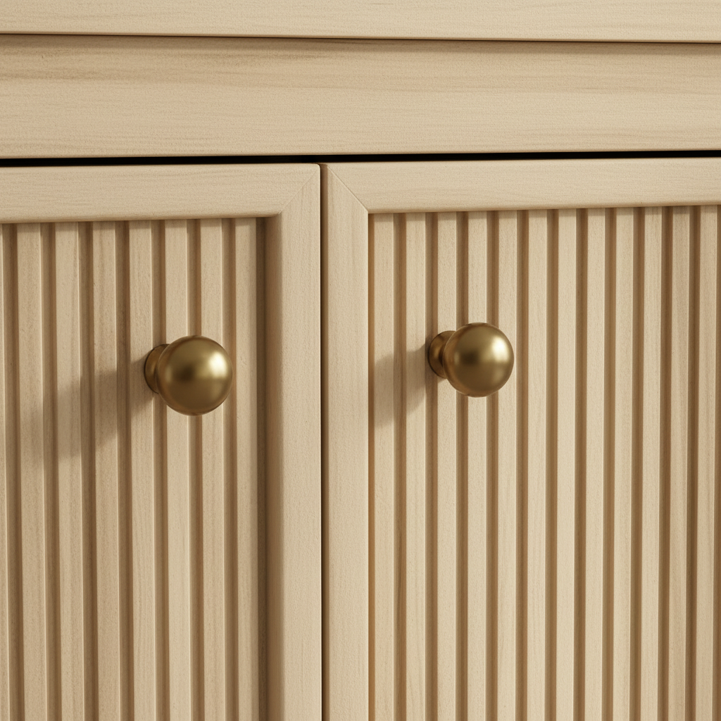 Detail of brass knob hardware on ribbed oak door