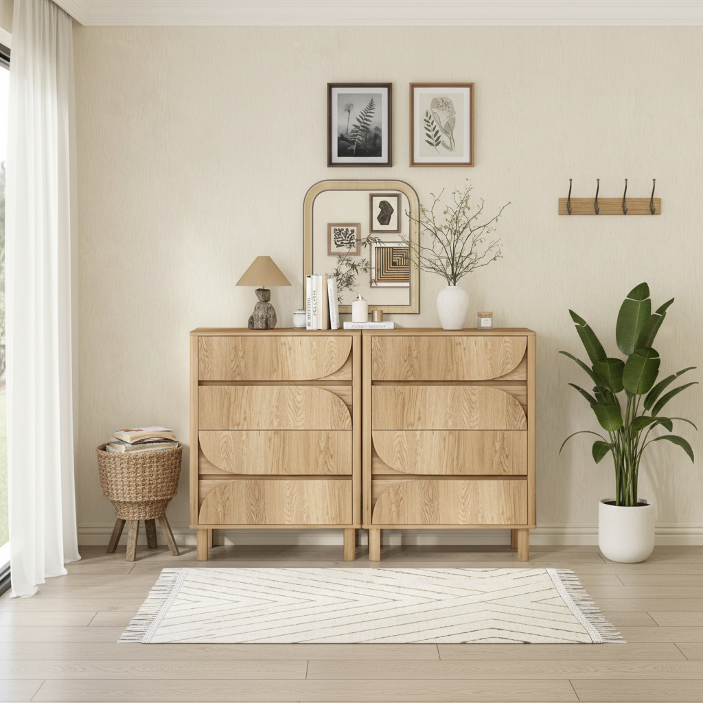 Elegant entryway with pair of oak chests