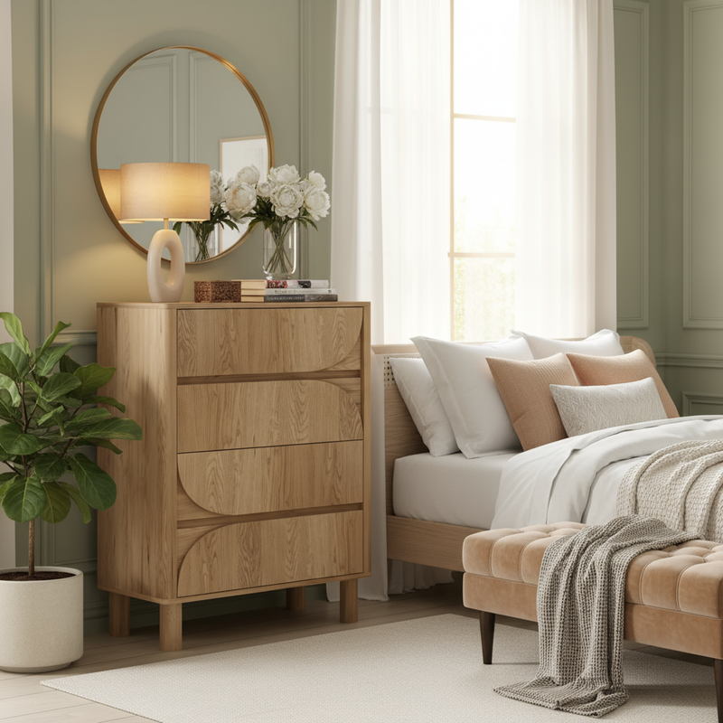 Elegant oak dresser in luxurious bedroom