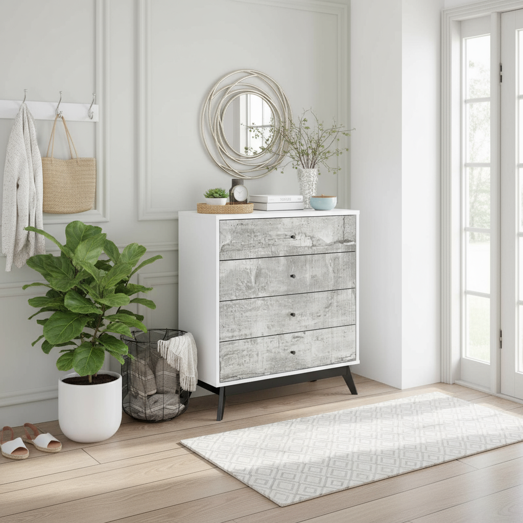 Entryway lifestyle with distressed chest of drawers