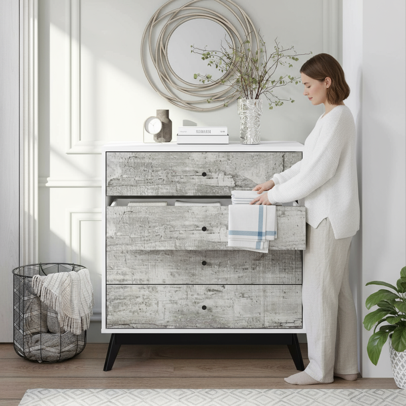 Entryway with person and open drawer on chest