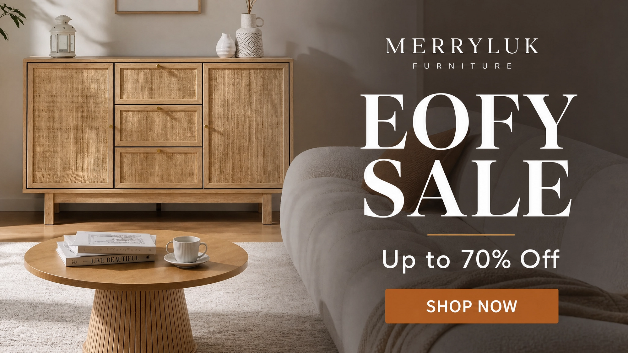 Living room with furniture and a 'Merryluk Furniture' EOFY Sale banner.