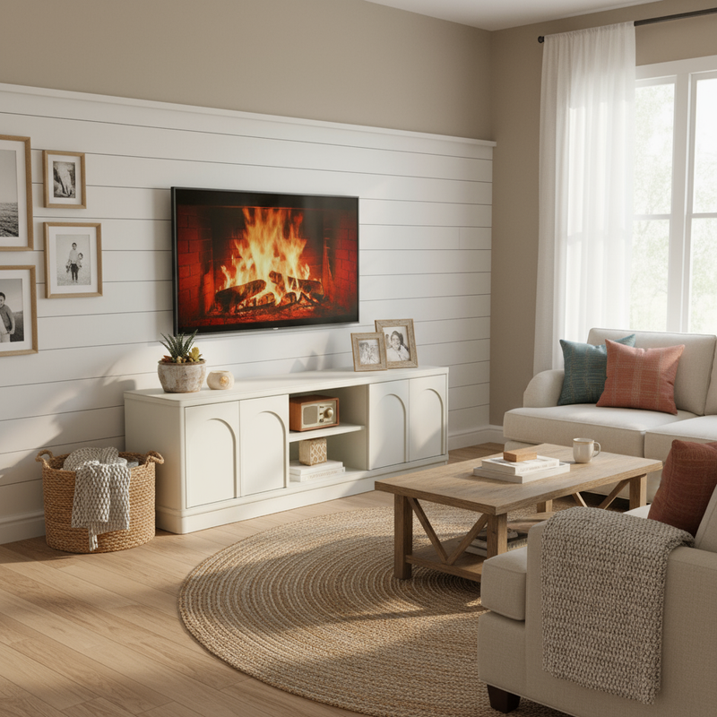 Farmhouse-modern TV console lifestyle image