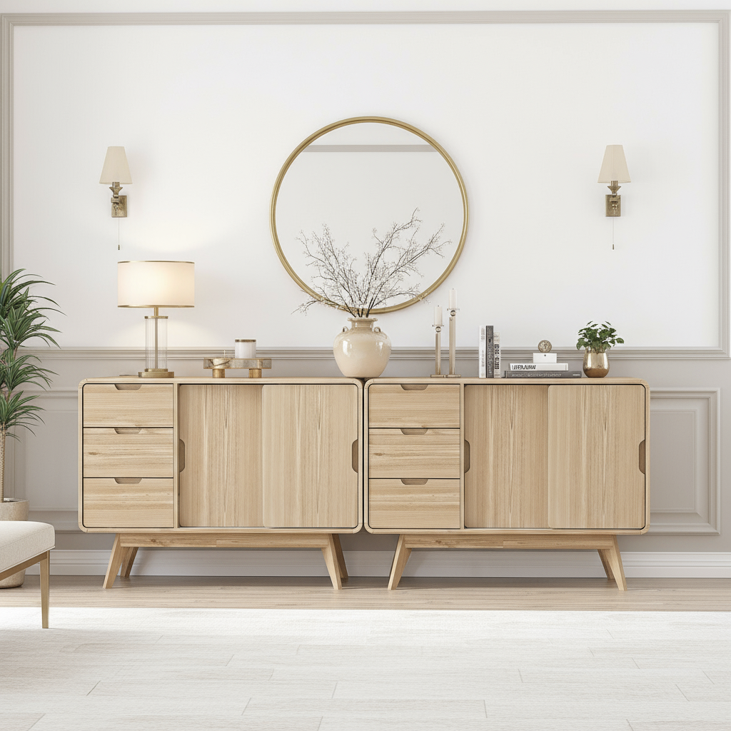 Front-on view of oak sideboards in entryway