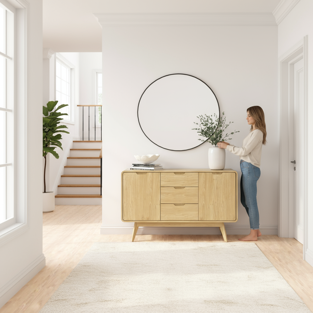 Hallway with stairs, person and oak sideboard