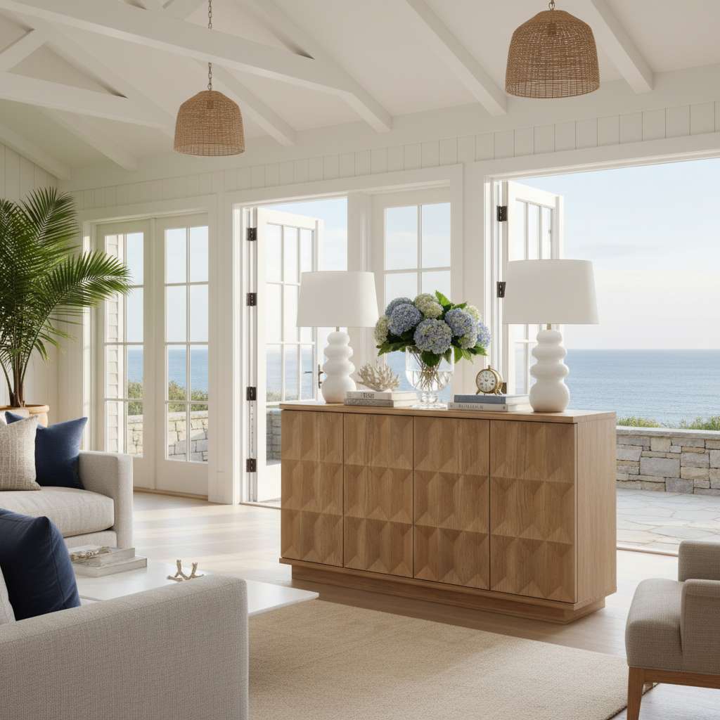 Hamptons coastal estate with geometric patterned buffet sideboard and ocean views