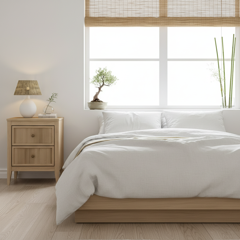 Japanese minimalist bedroom with ribbed nightstand