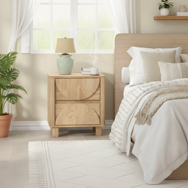 Lifestyle bedroom scene with oak nightstand