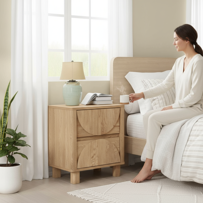 Lifestyle bedroom scene with person and oak nightstand