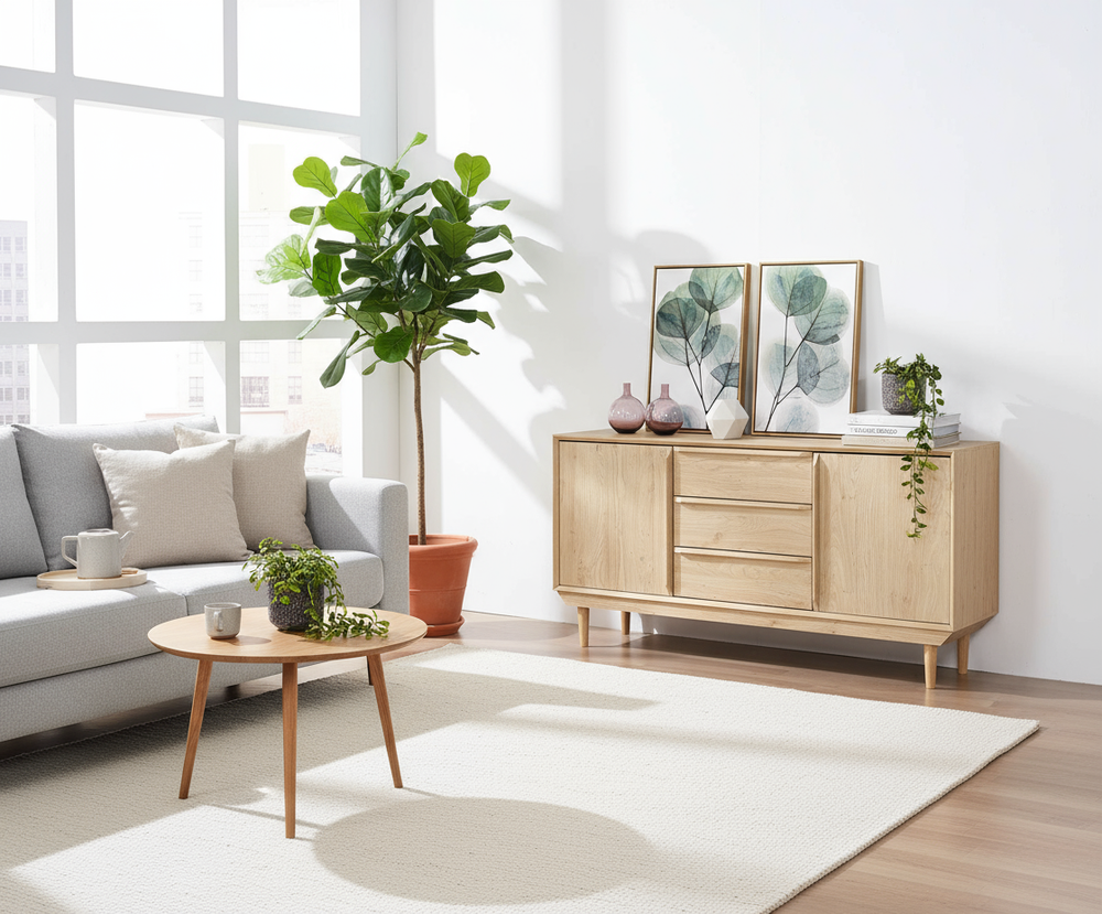 Lifestyle lounge room with oak sideboard