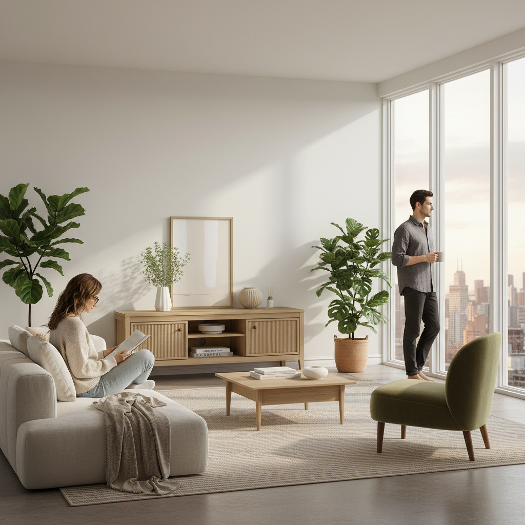 Lifestyle shot with couple enjoying living room with ribbed TV unit