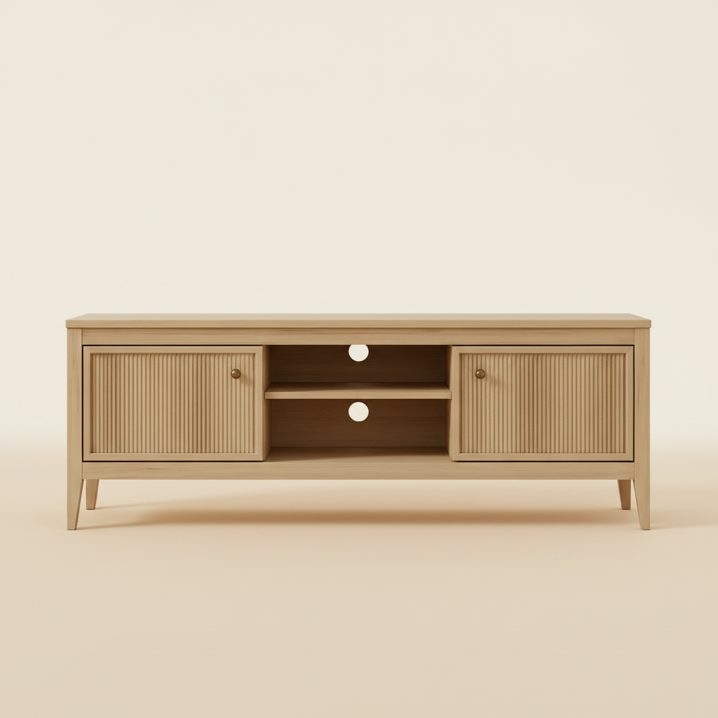 Light oak TV unit with warm gradient background