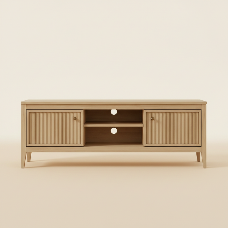 Light oak TV unit with warm gradient background