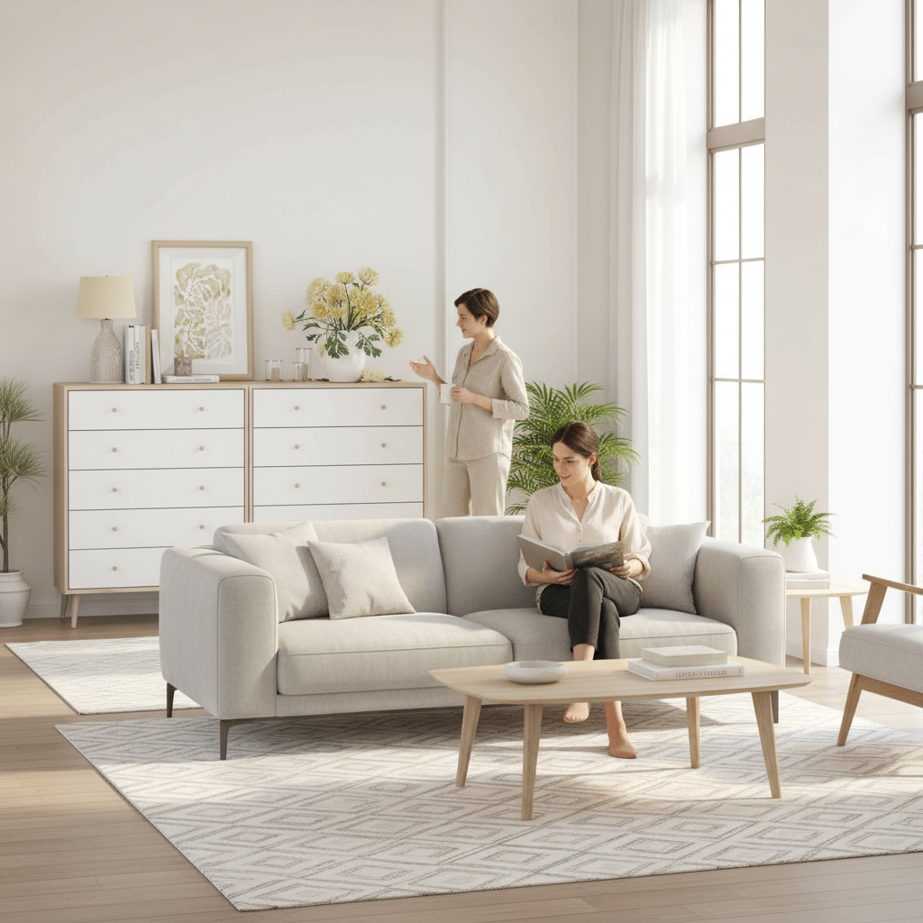 Lounge lifestyle shot with white dressers and people