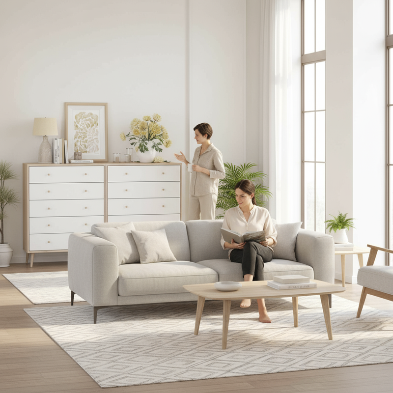 Lounge lifestyle shot with white dressers and people