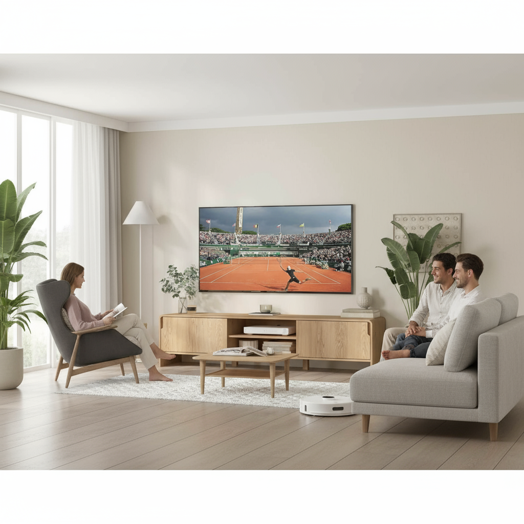 Lounge lifestyle with TV console and people